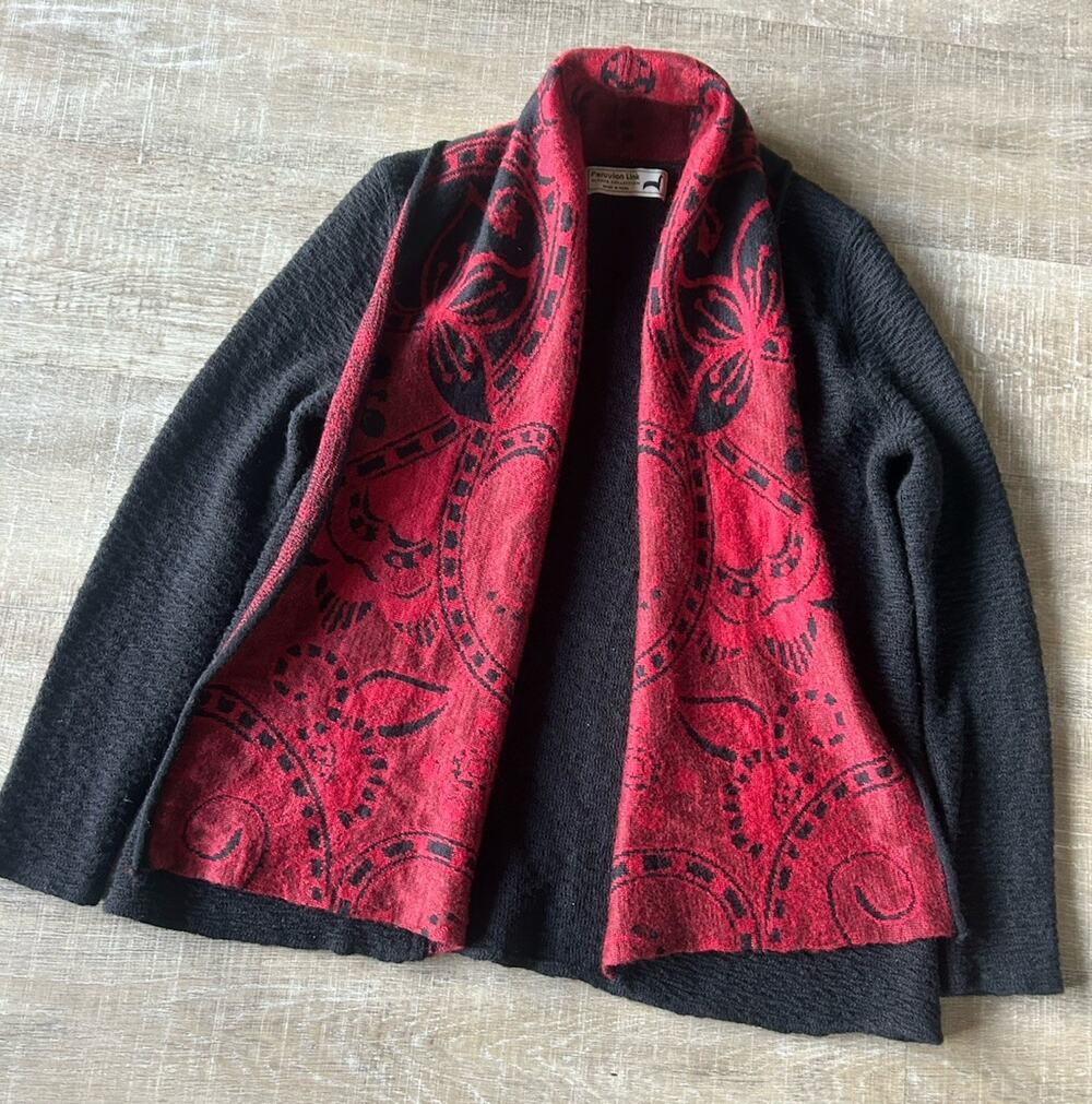 Peruvian Link Alpaca Cardigan Sweater Womens M Red Black Open Front Boho